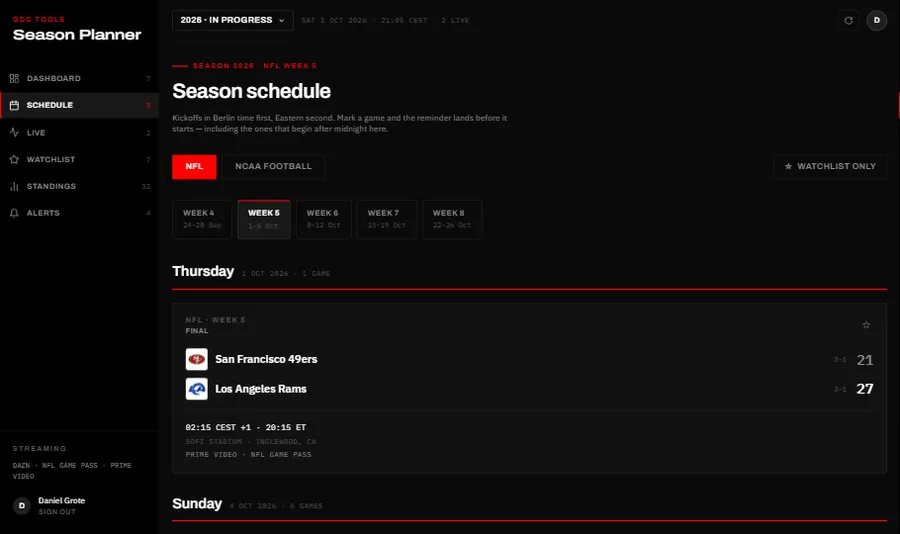Season Planner — the season schedule