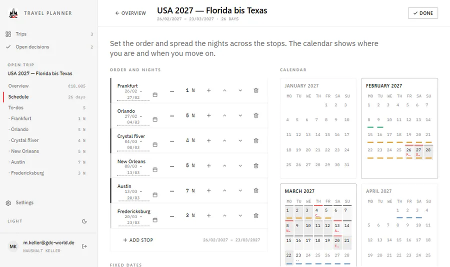 Travel Planner — schedule and year calendar